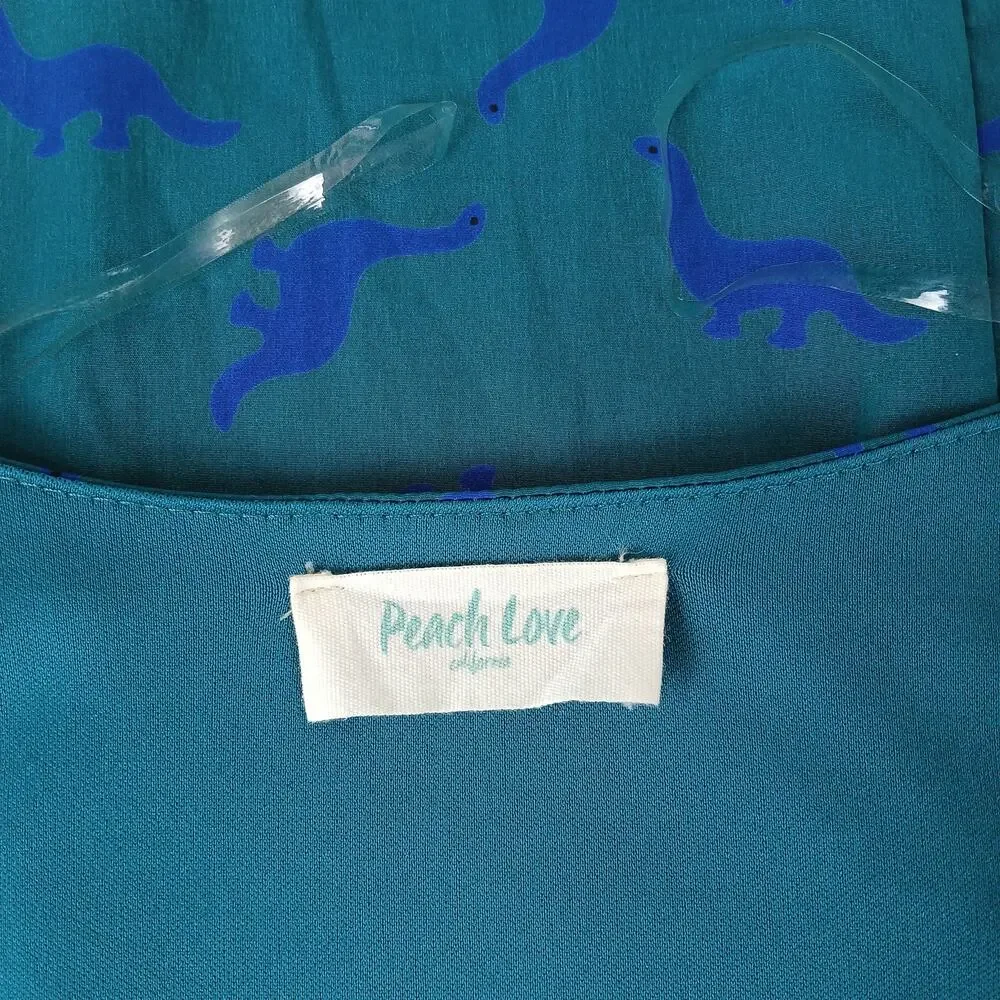 Peach Love California ModCloth Dino Print Dress M green blue blouson midi - Picture 8 of 13